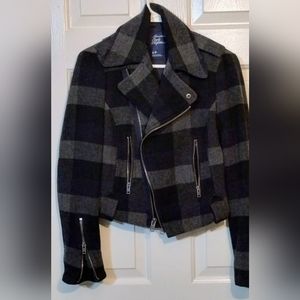 American Eagle Outfitter Cropped Moto Jacket, Black/Gray Plaid, Size Small